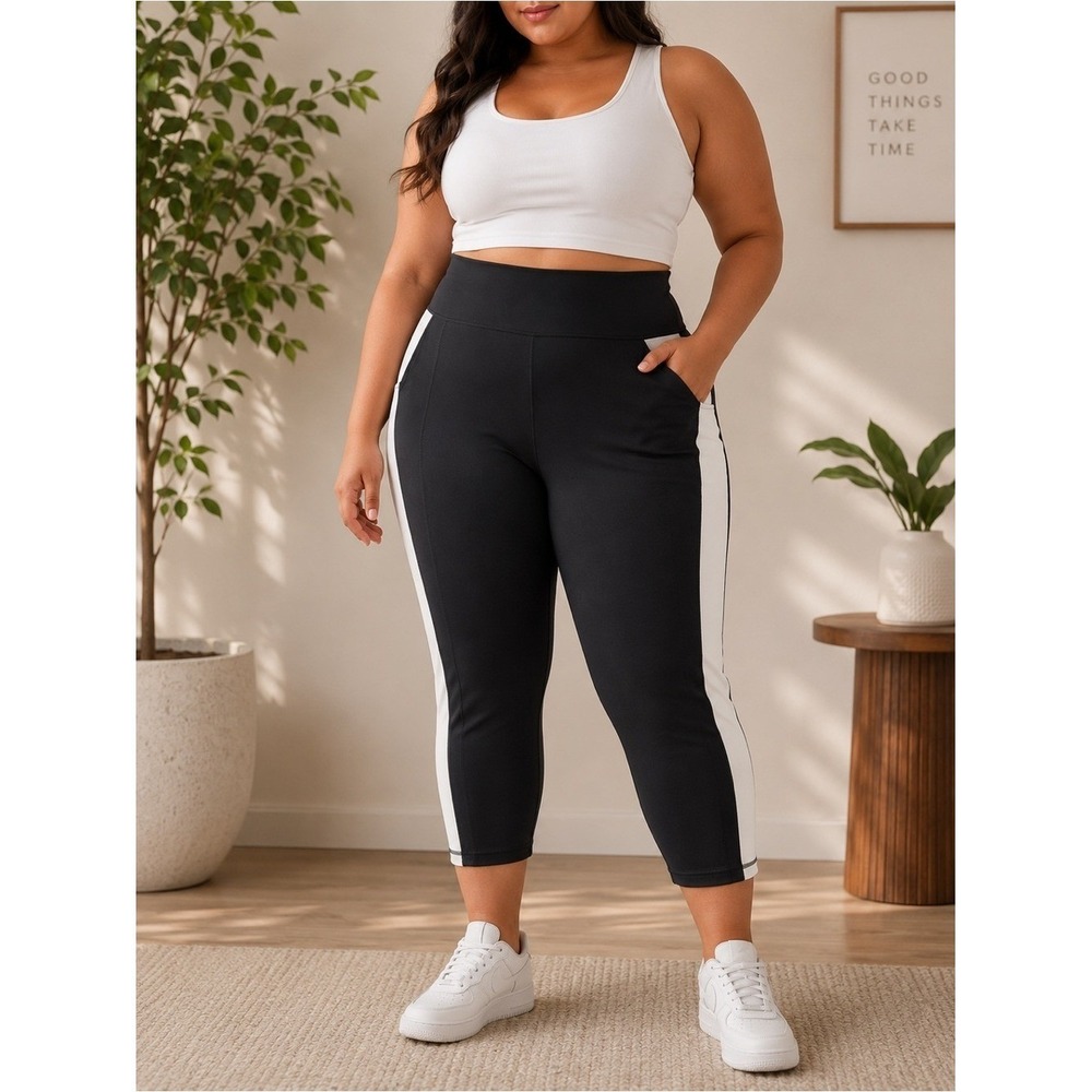Ideology Black Leggings with White Side Panels - Cropped Activewear 3X NEW